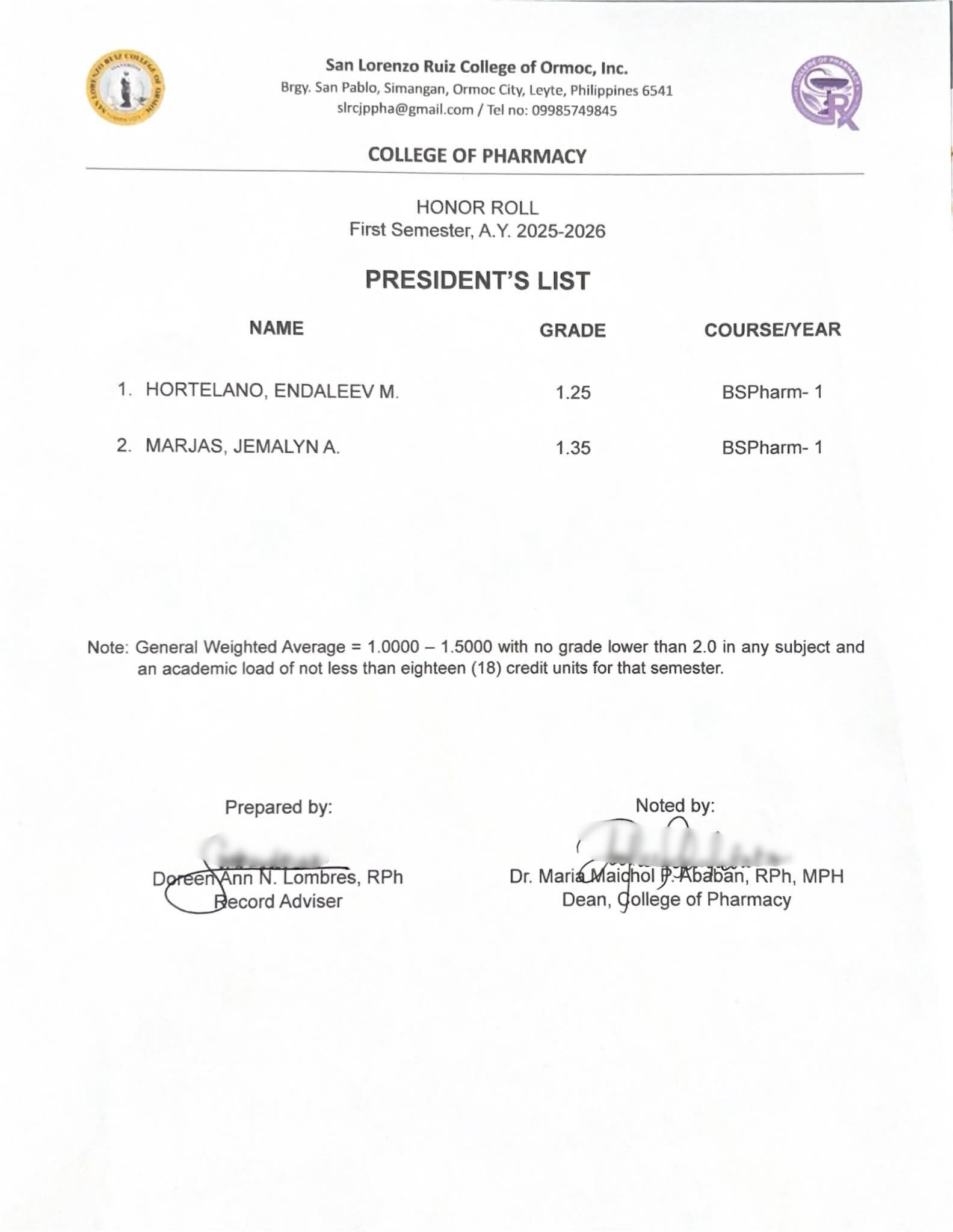 President’s Listers and Dean’s Listers